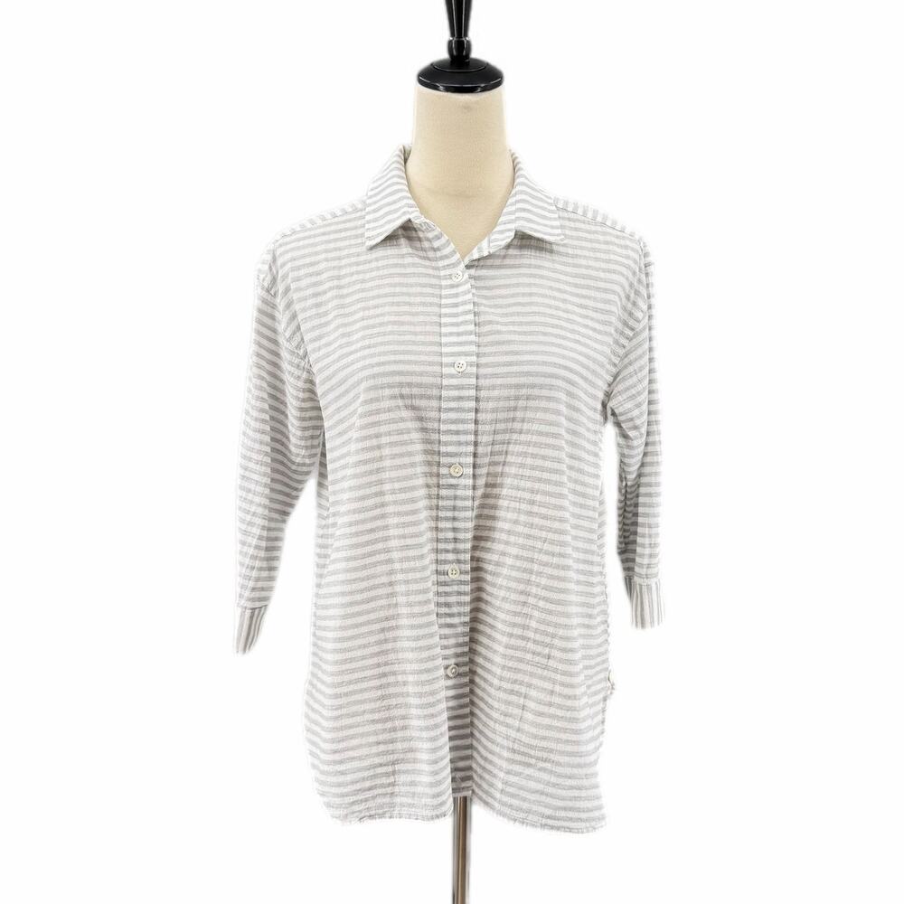 Steven Alan Gray White Stripe Waist Wrap Button Up 100% Cotton 3/4 Sleeve Top